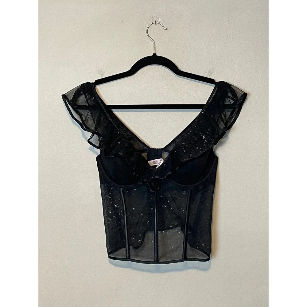 Victoria's Secret Black Silver Glitter Stars Sheer Ruffle Corset Top Size 36C - Picture 4 of 7